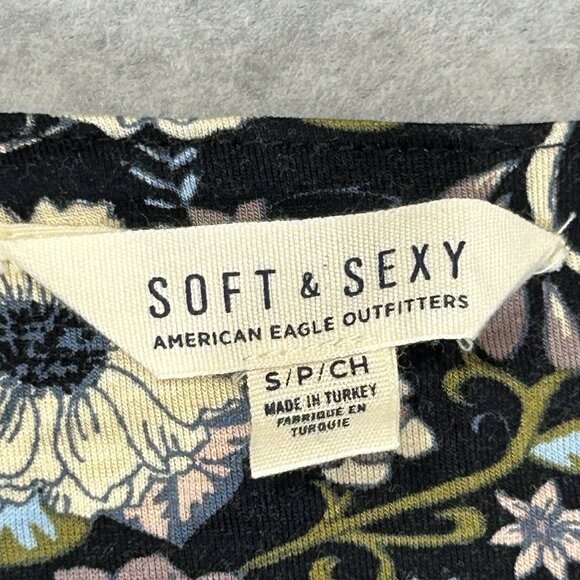 AEO SOFT & SEXY Dress S Floral Knit Navy Fit & Flare Bell LS Keyhole Flowy Cut - Picture 10 of 12